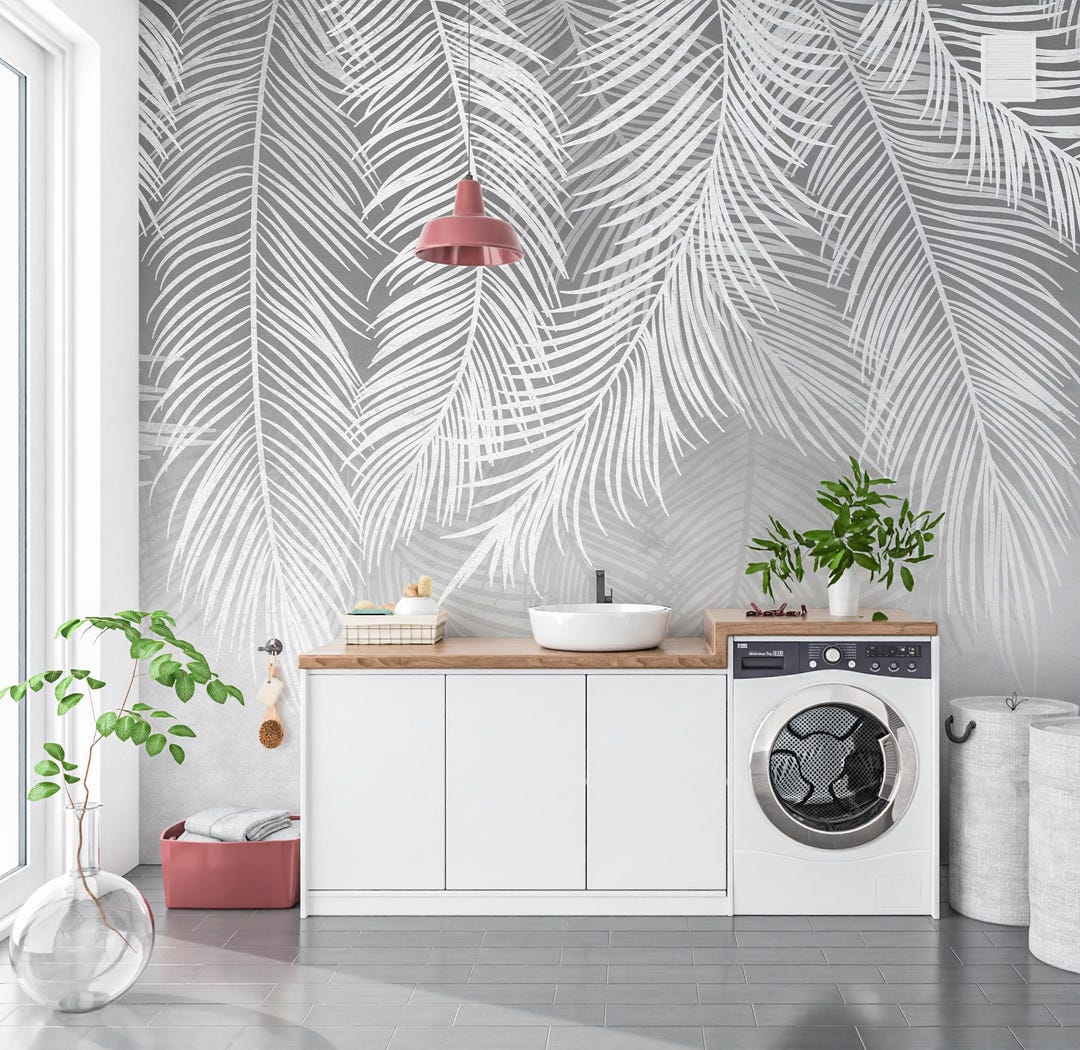 Gray Palm Leaves Wallpaper Peel and Stick, Tropical Feather Textured ...