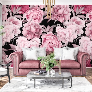 Dark Floral Wallpaper Peel and Stick, Pink Peony Wallpaper, Blossom Wallpaper, Removable Wall Paper