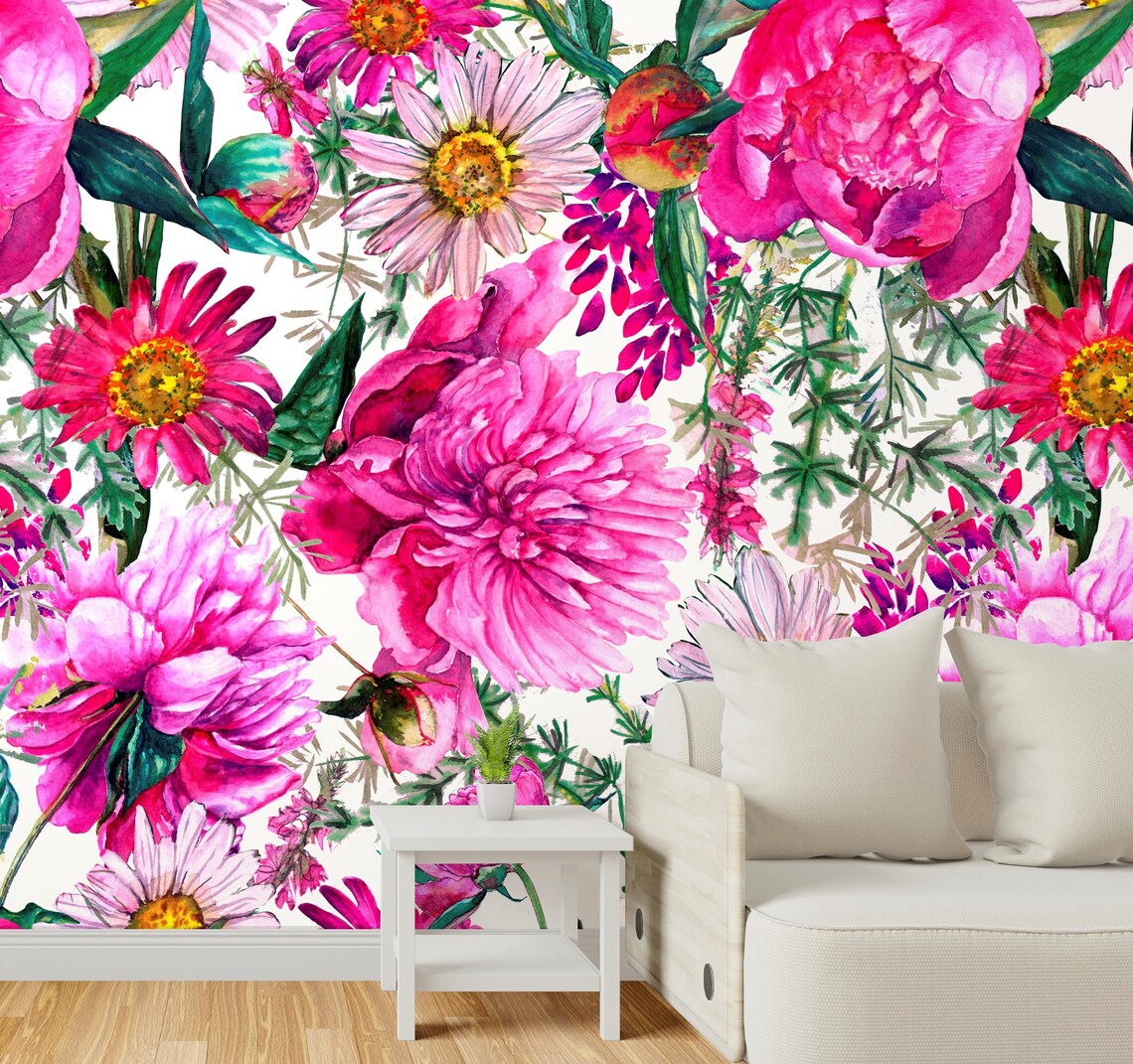 Pink Floral Wallpaper Big Flower Wallpaper Peel and Stick Etsy