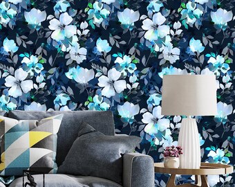 Navy Floral Wallpaper Peel and Stick, Dark Blue Watercolor Canvas Removable Wall Paper