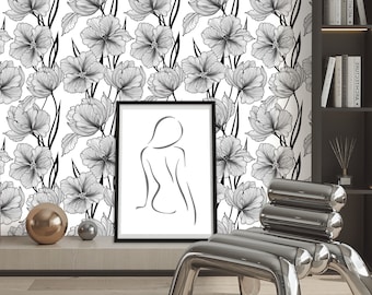Papel pintado floral blanco y negro Peel and Stick, papel pintado de arte lineal, papel de pared extraíble