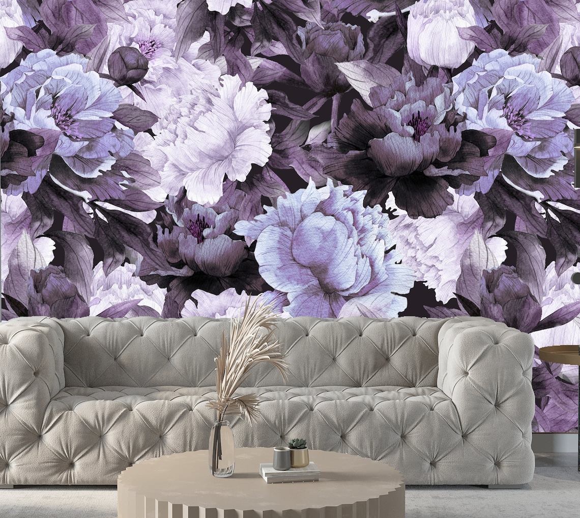 Purple Wallpaper Peel and Stick Dark Floral Wallpaper Peony - Etsy