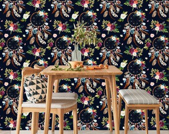 Dreamcatcher Wallpaper Peel and Stick, Feather Wallpaper, Dark Floral Wallpaper, Boho Wallpaper, Removable Wall Paper