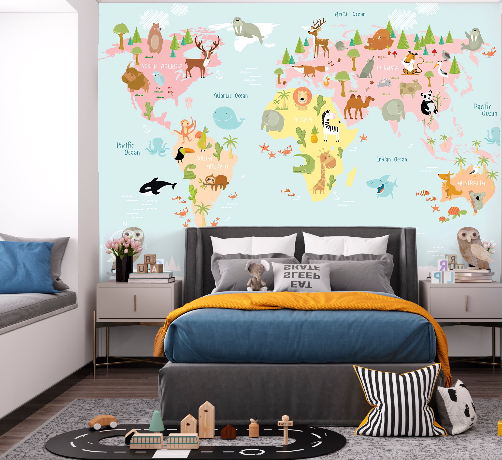 Kids Map Wallpaper Peel and Stick, Animal World Removable Wall Paper - Etsy