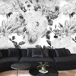 Large Rose Wallpaper Black and White Floral Wallpaper Peel and Stick ...