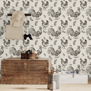 May include: A white background with a repeating pattern of black and white rooster and feather illustrations. A wooden chest and a lantern are in the foreground.