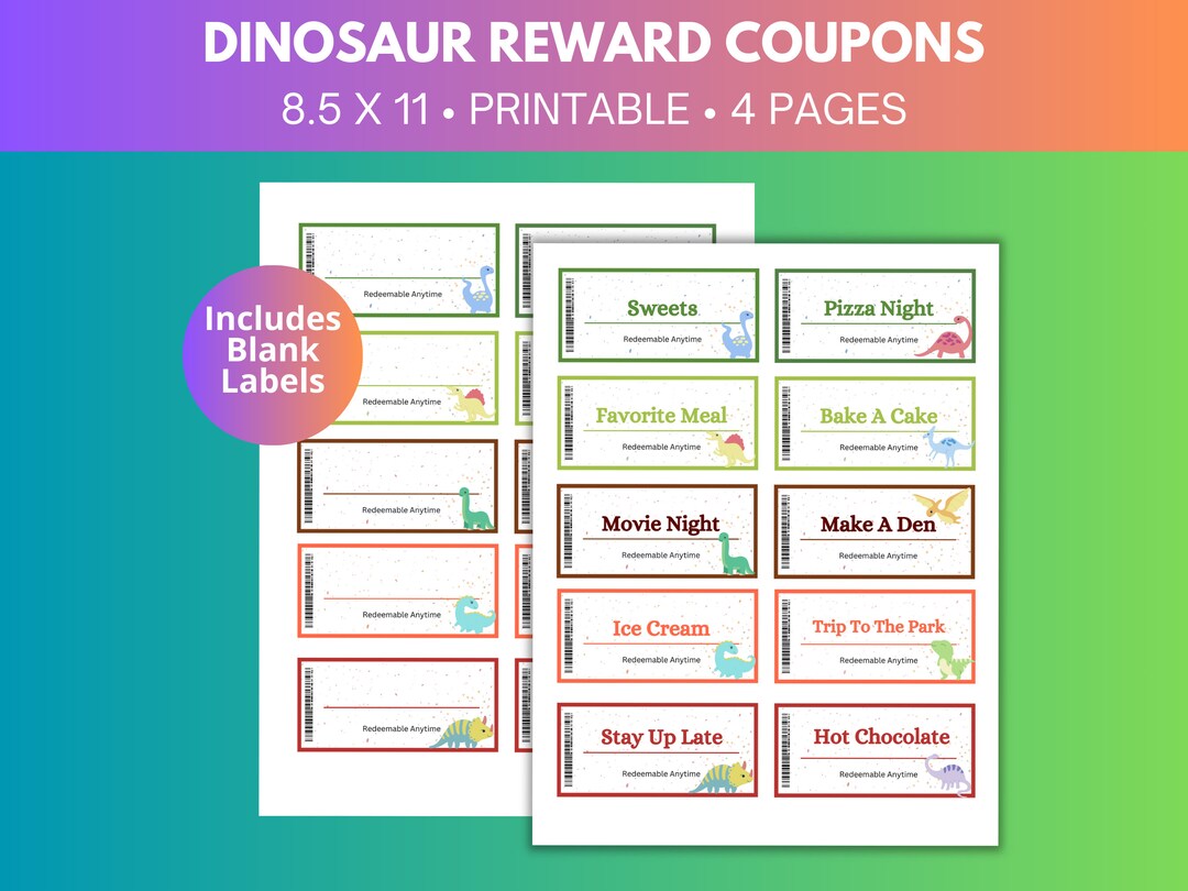 Kids Dinosaur Reward Gift Coupons Printable Instant Download Print at