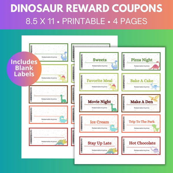 Kids Dinosaur Reward Gift Coupons Printable Instant Download Print at Home and Cut Out