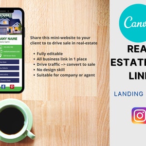 Peut inclure: Une maquette d'écran de téléphone mobile affichant une page de destination de lien de biographie immobilière. La page présente un schéma de couleurs bleu et vert avec une image de maison, du texte qui dit "Besoin d'une maison ?" et "Nom de l'entreprise", et un appel à l'action pour partager le mini-site Web afin de stimuler les ventes dans l'immobilier. La page comprend également une liste de fonctionnalités, telles que "Entièrement modifiable", "Tous les liens commerciaux en 1 seul endroit", "Diriger le trafic --> convertir en vente", "Pas de compétence en design", et "Convient pour une entreprise ou un agent".