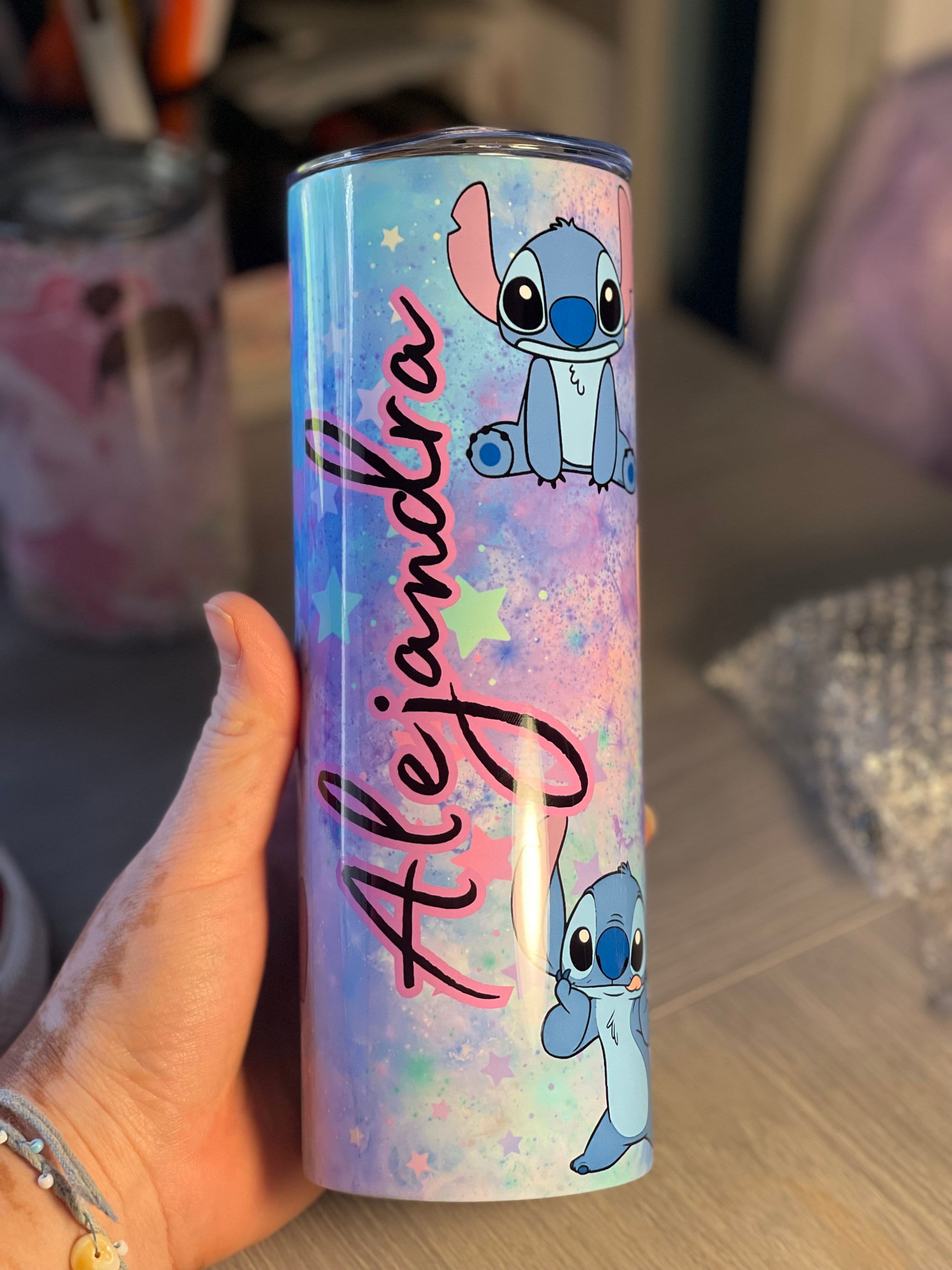 Blue Stitch 20oz Skinny tumbler New custom made Stainless steel with a  plastic straw for kids, todlers cup new lilo