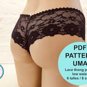 Puede incluir: Braguita tanga de encaje negro con diseño de cintura baja. La imagen incluye el texto "PDF PATTERN UMA" y "Lace thong panty low waist 6 talles / 6 sizes". También es visible el logotipo de Atelier Bretel.