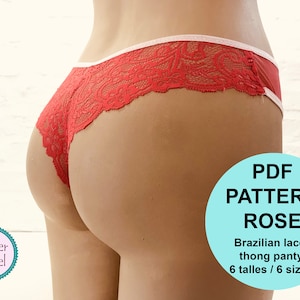 Puede incluir: Patrón PDF para una tanga brasileña de encaje, llamada "Rose". El patrón está disponible en 6 tallas. La imagen muestra una tanga de encaje roja en un maniquí.