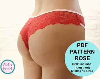Pdf Printable Patten / Patron Imprimible Pdf – Brazilian Lace Thong Panty ROSE / Brazilian thong with lace/lace - 6 sizes / 6 sizes