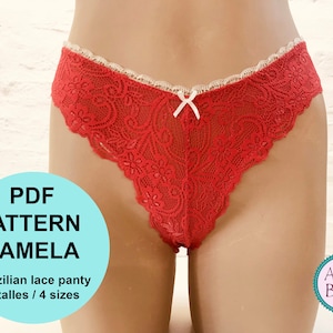 May include: Red lace panty with a floral design and white trim. A small white bow is at the front. The image includes text that says "PDF PATTERN PAMELA" and "Brazilian lace panty 4 talles / 4 sizes".