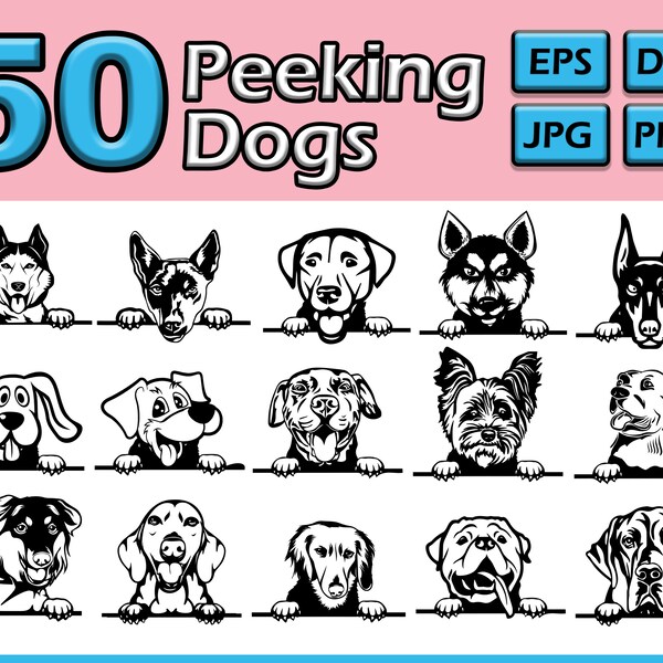 Peeking Dogs Svg Bundle , 50 Dog Breeds face Svg cutting files for circut and silhouette projects instant download .