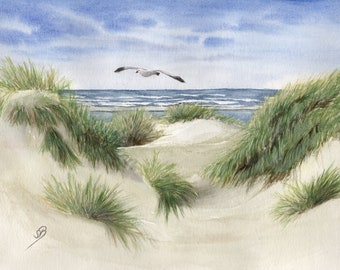 Aquarell  DIN A4 Bild Strand Nordsee Dänemark Düne  Meer Möwe Aquarelldruck