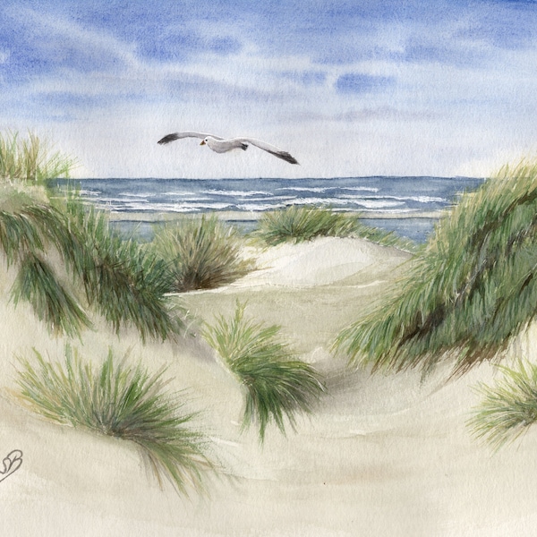 Aquarell  DIN A4 Bild Strand Nordsee Dänemark Düne  Meer Möwe Aquarelldruck