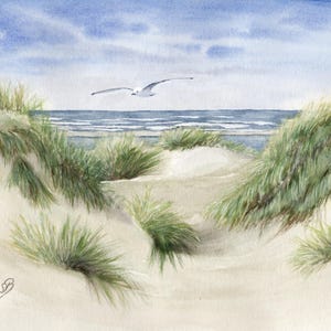 Dänemark Strand Düne Meer Möwen Aquarell  DIN A5 Bild Aquarelldruck