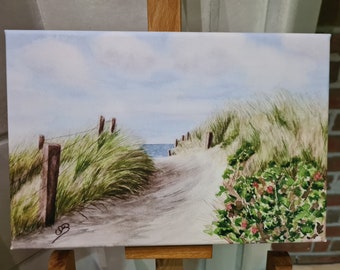 Sylt beach sea beach path dune watercolor picture print on canvas stretcher frame 30 x 20 cm