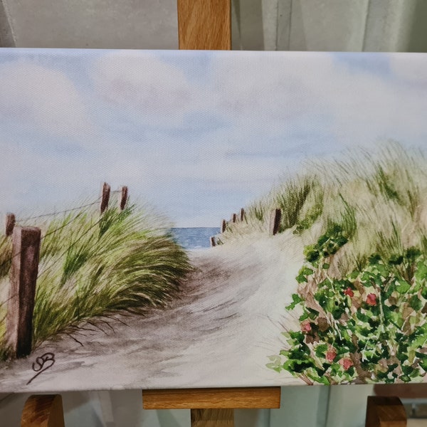 Sylt Strand Meer Strandweg Düne Aquarell Bild Druck auf Leinwand Keilrahmen 30 x 20 cm