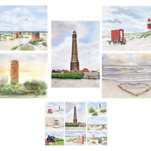 Akwarela DIN A4 obraz akwarela wydruki Borkum latarnia morska namiot plażowy wózek kąpielowy - różne motywy w wydruku DIN A4