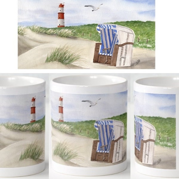 Tasse Aquarell Nordsee Borkum Leuchtturm Möwe Strandkorb Urlaub Meer Strand Druck Kaffeebecher Becher Mug Wunschort personalisieren