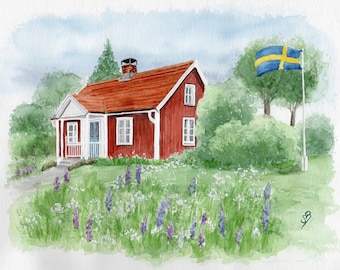 Watercolor DIN A4 picture watercolor print Sweden house Swedish house summer house