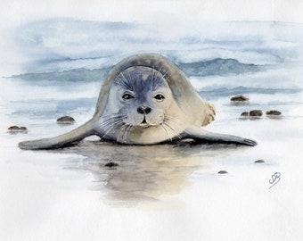 Watercolor DIN A5 picture watercolor print seal seal sea beach Seal Watercolor Beach