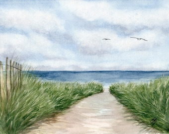 Original watercolor of a beach, path, sea, dune, and seagull on Sylt, 24 x 32 cm. NOT A PRINT.