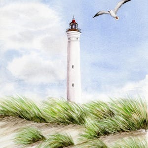 Leuchtturm Dänemark Lyngvig Möwe Düne  Aquarell Nordsee Bild Druck DIN A5