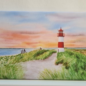 Lighthouse List Sylt Sunset Sea North Sea Watercolor Picture Print on Canvas Stretcher Frame 30 x 20 cm