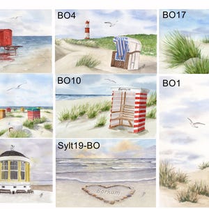 Akwarela obraz DIN A4 wydruki akwarelowe Borkum latarnia morska namiot plażowy pawilon wózków kąpielowych - różne motywy w druku DIN A4