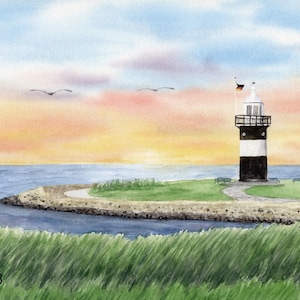Leuchtturm Wremen kleiner Preusse Preuße Landschaft  Aquarell Nordsee Bild Druck DIN A5
