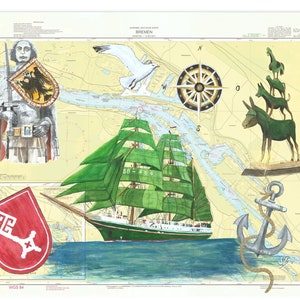 Carta marítima impressa em aquarela Bremen veleiro Maritim Roland Town Musicians DIN A4 imagem