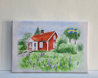 Schweden Haus Schwedenhaus Landschaft Aquarell Bild Druck auf Leinwand Keilrahmen 30 x 20 cm