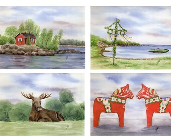 May include: A set of four watercolor paintings depicting scenes from Sweden. The first painting shows a red cottage on a small island with a body of water in the background. The second painting shows a traditional Swedish maypole with blue and yellow ribbons. The third painting shows a moose lying down in a grassy field. The fourth painting shows two red and green Dala horses facing each other.
