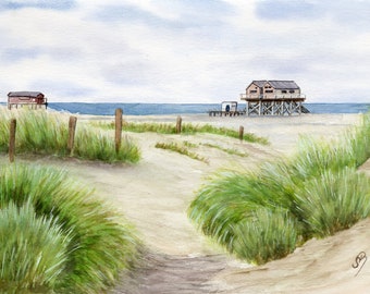 Sankt Peter-Ording SPO Strand Aquarell Druck DIN A4 Bild Nordsee Düne Aquarelldruck