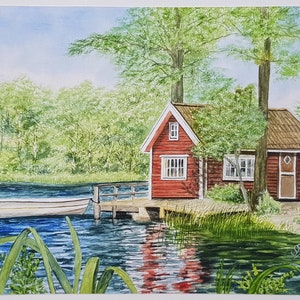 Impression d’art aquarelle mate. Motif Suède Suède Maison suédoise paysage lac 24 x 32 cm.