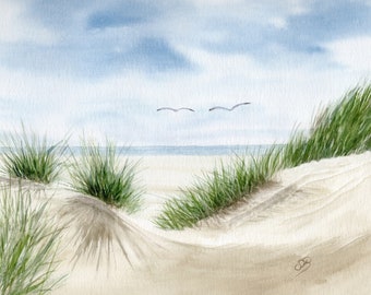 Watercolor DIN A4 picture beach island Amrum sea dune seagull North Sea Kniepsand watercolor print