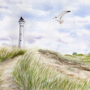 Leuchtturm Lyngvig Hvide Sande Möwe Aquarell DINA5 Bild Druck Dänemark