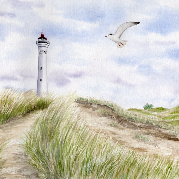 Leuchtturm Lyngvig Hvide Sande Möwe Aquarell DINA5 Bild Druck Dänemark