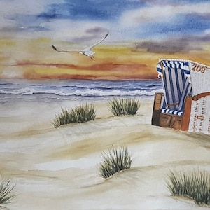 Aquarell Kunstdruck Sylt Nordsee Strandkorb mit Sonnenuntergang Meer Strand