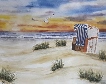 Watercolor art print Sylt North Sea beach chair with sunset sea beach