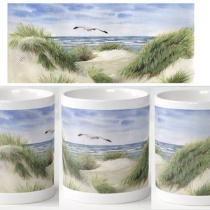 Mug with your desired name, watercolor, dune, beach, North Sea, holiday, seagull, print, coffee mug, mug