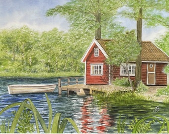 Watercolor DIN A4 picture watercolor print Sweden house Swedish house by the lake