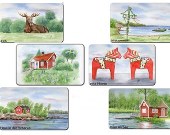 Board breakfast board Sweden Swedish house, moose, Dalahästar (red horses), solstice tree by the lake