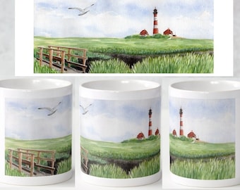 Tasse Aquarell Nordsee Westerhever Leuchtturm Möwe Jever Urlaub Meer Druck Kaffeebecher Becher Mug Wunschort personalisieren