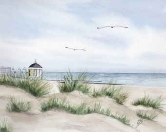 Watercolor DIN A4 picture music pavilion Borkum island dune seagull North Sea watercolor print