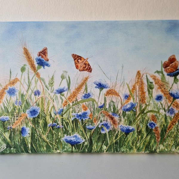 Wiese Feld Kornblumen Schmetterlinge  Aquarell Bild Druck auf Leinwand Keilrahmen 30 x 20 cm