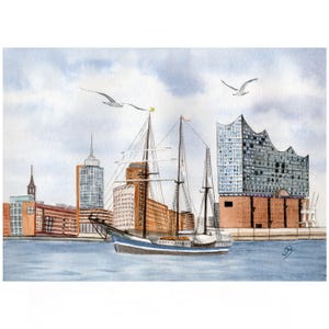 Acquerello Hamburg Elbe Elbphilharmonie veliero 29,7 x 21 cm DIN A4 stampa su carta per acquerello